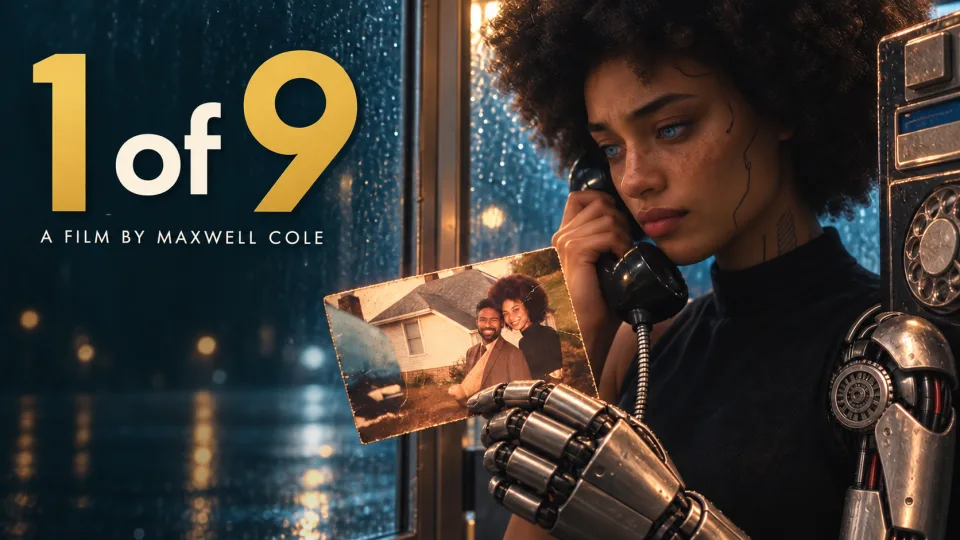 Penny holds a telephone receiver and a photograph beside the 1 of 9 title