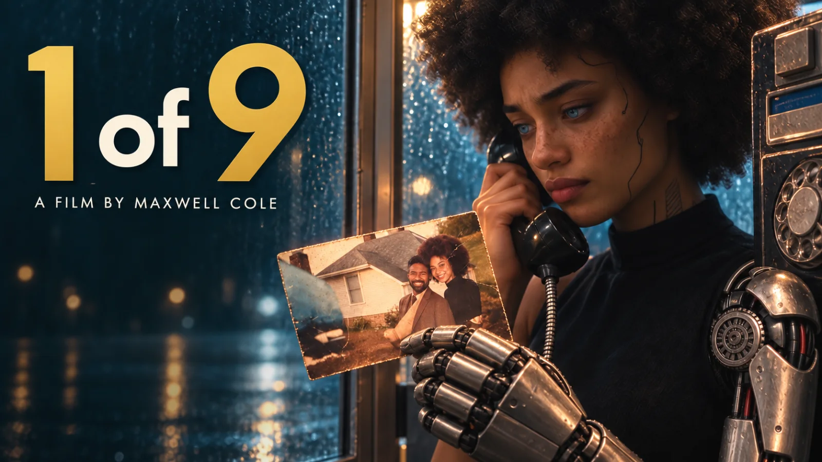 Penny holds a telephone receiver and a photograph beside the 1 of 9 title