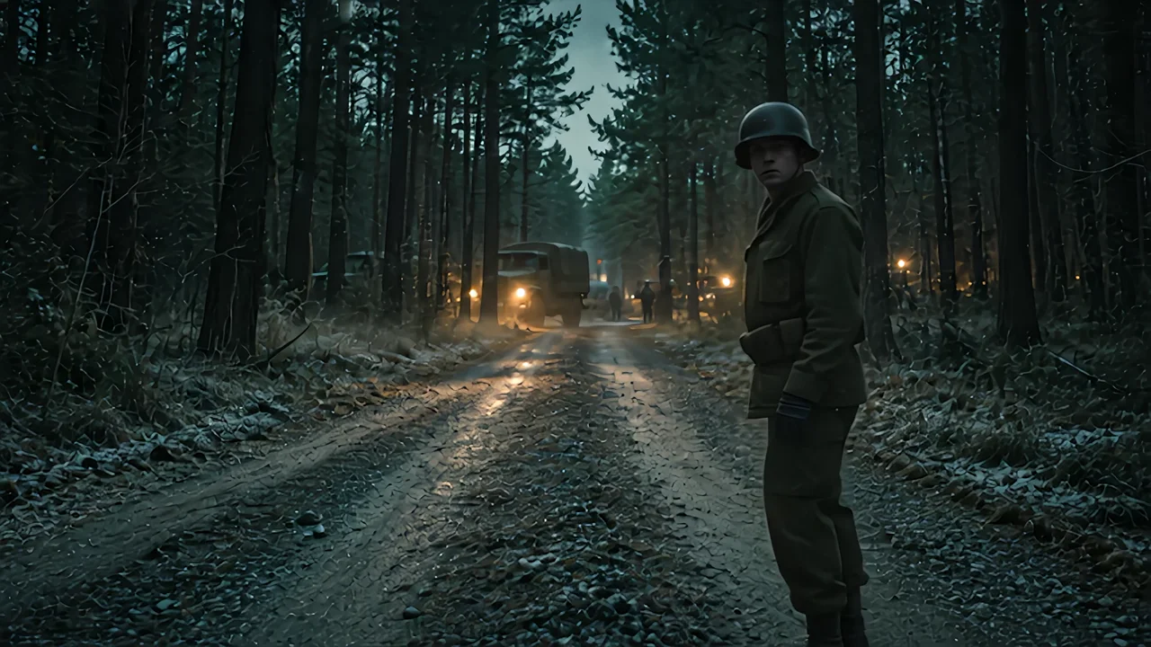 A soldier stands on a damp forest road with Army trucks and headlights beyond him