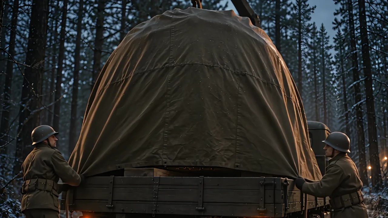 A large tarp-covered object is secured on a military flatbed truck in the woods