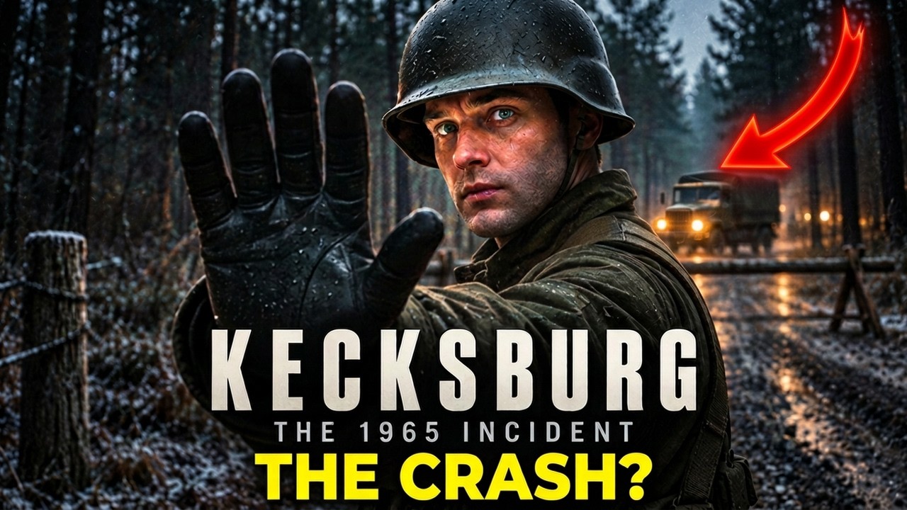 Kecksburg: The 1965 Incident artwork. A soldier blocks the road, with an arrow pointing toward a military truck and the question The Crash?