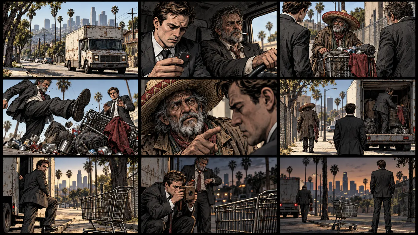 Nine-panel Episode 2 storyboard showing the abandoned-cart discovery