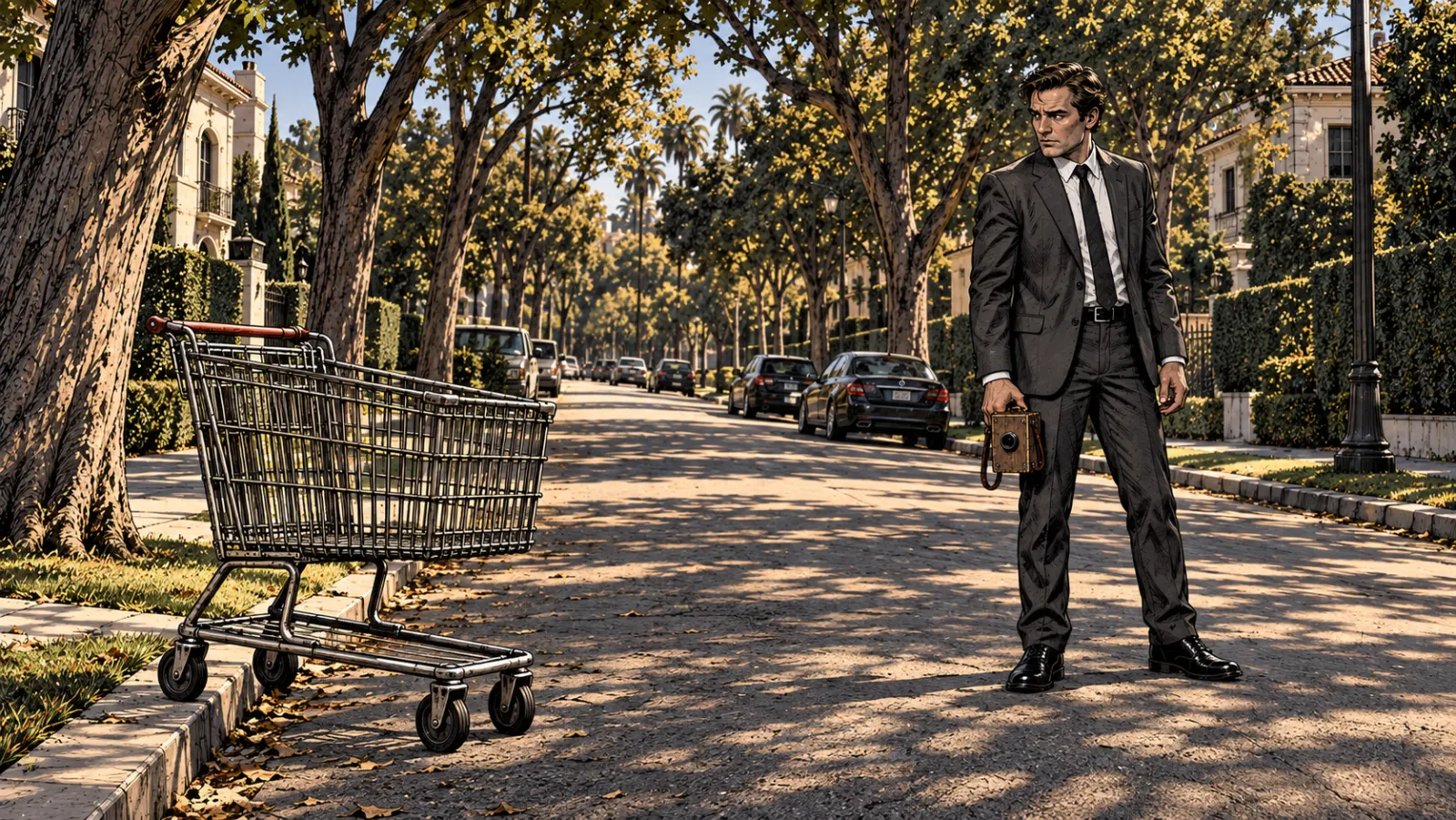 Detective Foster studies an abandoned shopping cart on a quiet Los Angeles street