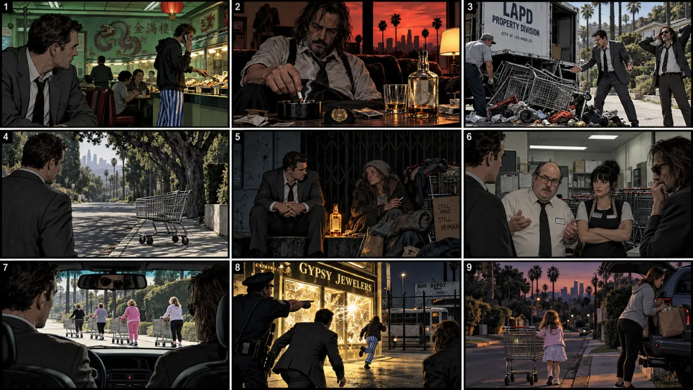 Nine-beat graphic-noir visual lookboard